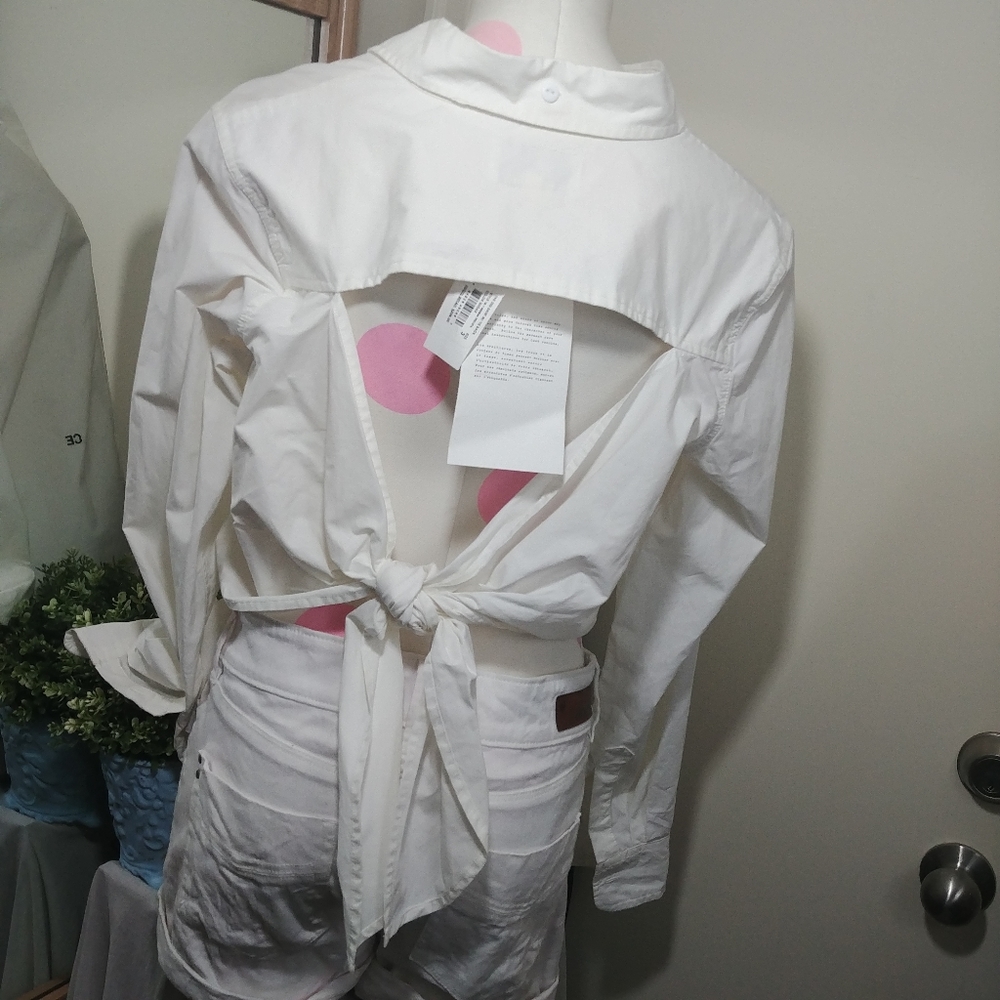 $209 Current/Elliot | white cotton open back bow dress shirt button down 3 - Picture 2 of 11